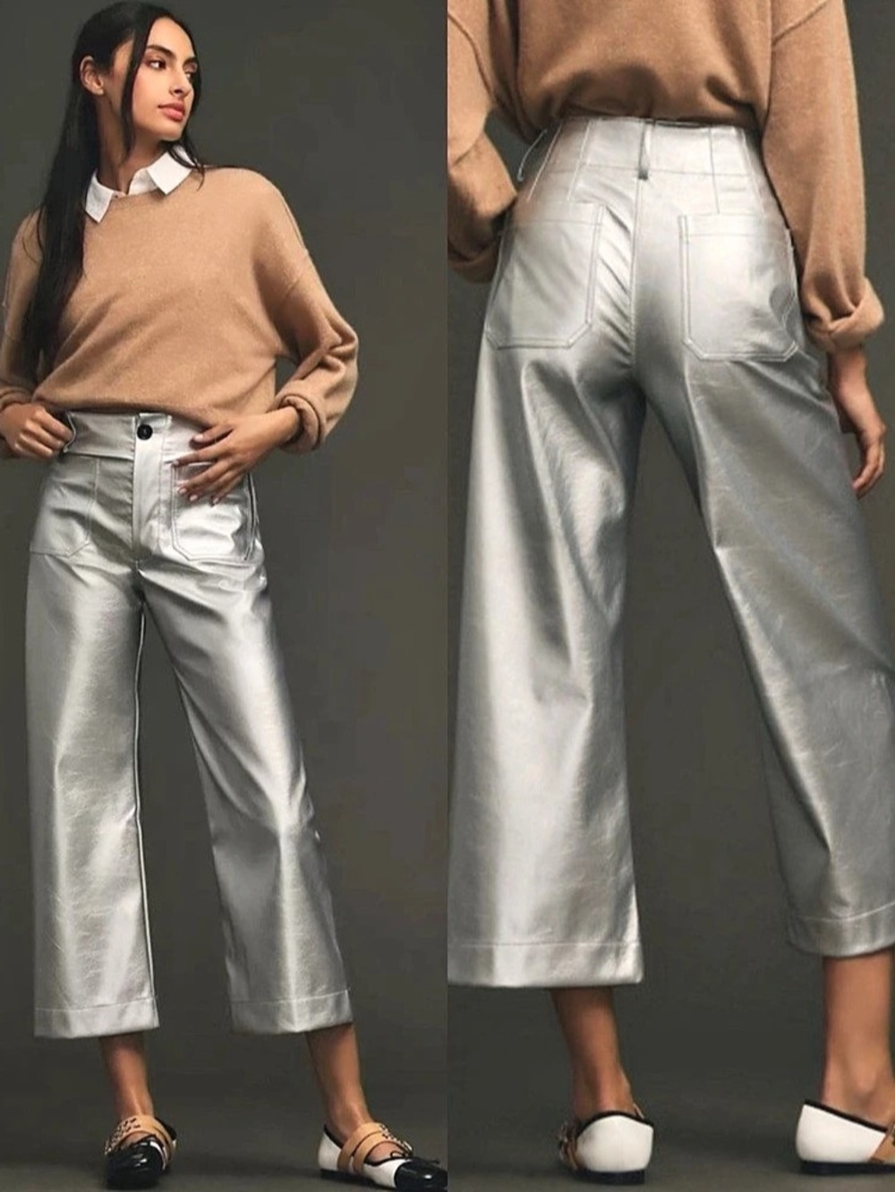 ANTHROPOLOGIE Maeve Colette Faux Leather Silver High Rise Wide Leg Pants